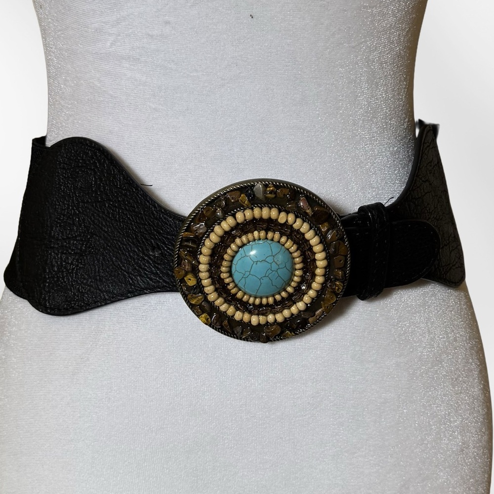 Black Elastic Waist Belt with Turquoise Stone Medallion